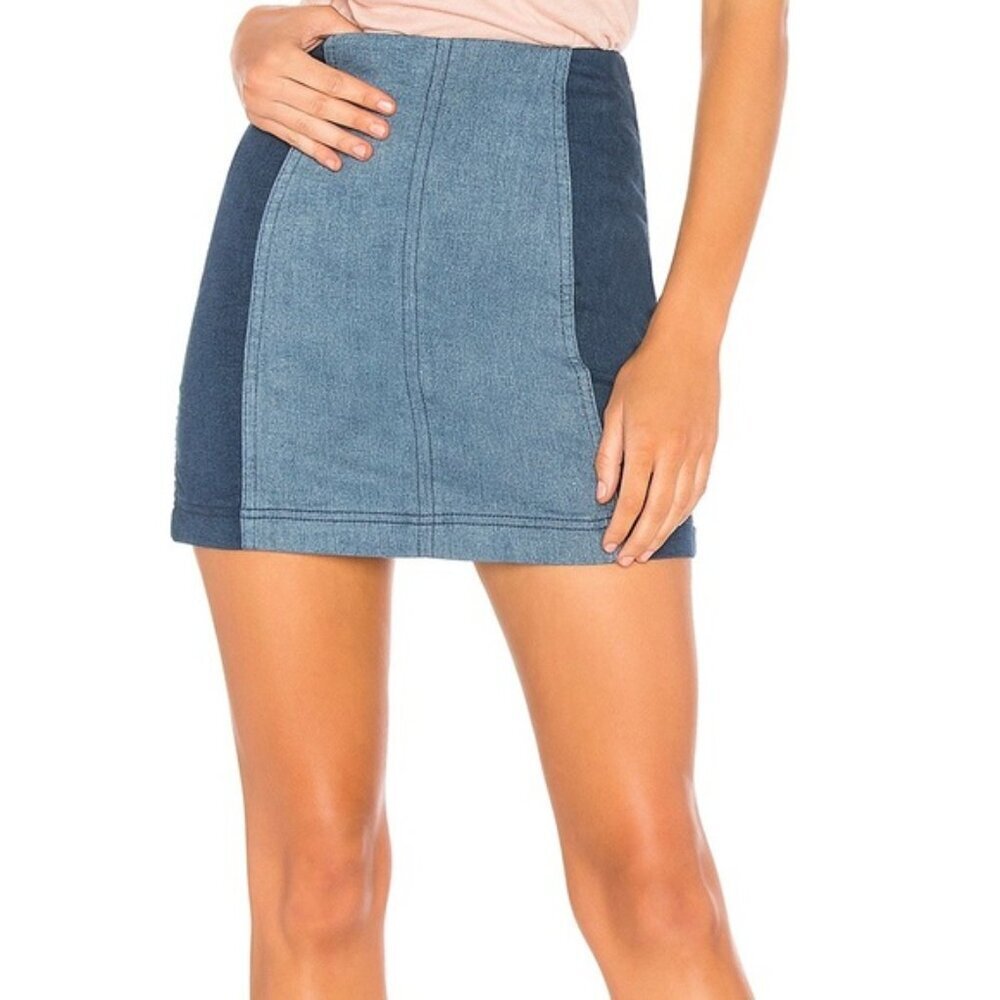 Free People Modern Femme Denim Mini Skirt Color Block Two-Tone A-Line Womens 8